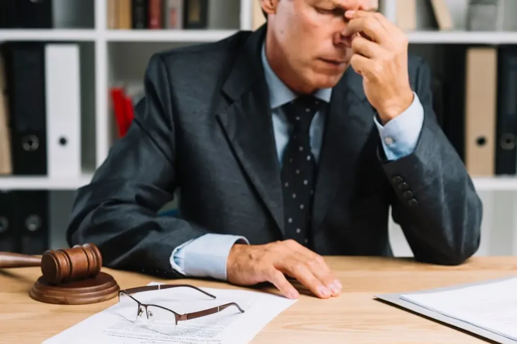 Frustrated lawyer in a suit with glasses and legal documents on a desk, symbolizing the challenges of family law appeals in Circle C Ranch, Texas.