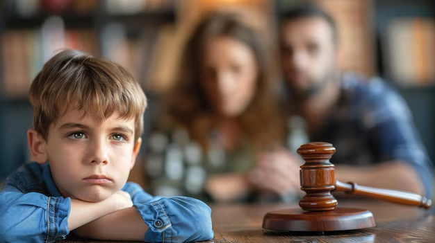 Child looking concerned with a gavel in the foreground, representing family law appeals and custody issues in Devine, Texas.