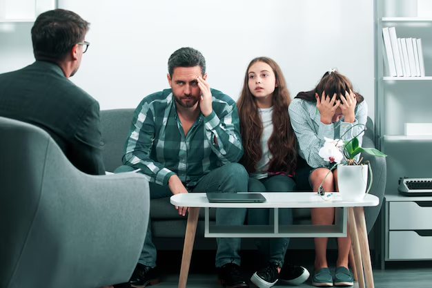 Family in distress during legal consultation about custody and support issues, seated on a couch with a lawyer.