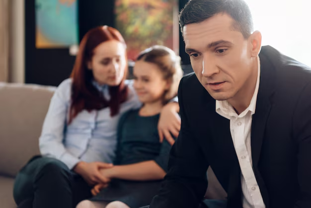 Family law consultation scene with a concerned man in a suit, a woman and a child in casual attire, emphasizing family dynamics and legal representation in family law appeals.