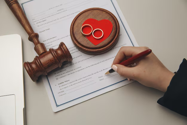 Gavel, wedding rings, and heart-shaped cutout on legal document with hand writing, symbolizing family law appeals and divorce proceedings in Castle Hills, TX.