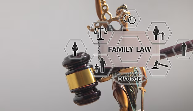 Statue of Lady Justice holding a gavel, featuring icons representing family law, divorce, and legal symbols, emphasizing the importance of legal representation in family law appeals.