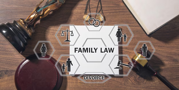 Family law graphic featuring icons for divorce, custody, and legal scales, set on a wooden surface with a gavel and a notebook, relevant to Texas family law appeals services.