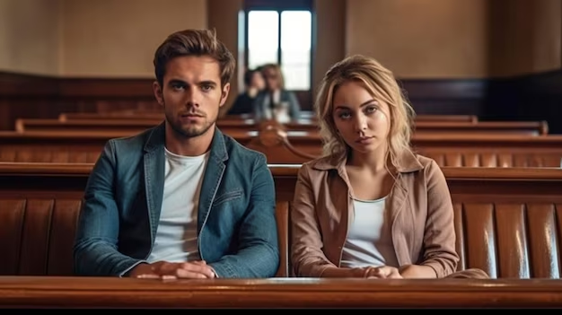 Young couple seated in a courtroom, looking serious and concerned, reflecting the emotional challenges of family law appeals in Castroville, Texas.