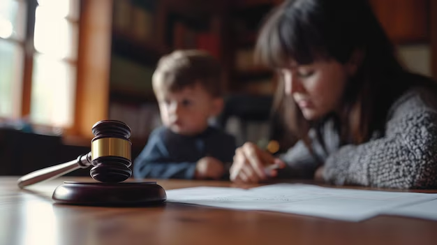 Gavel on a wooden table with mother and child reviewing documents, symbolizing family law appeals and legal proceedings in Texas.