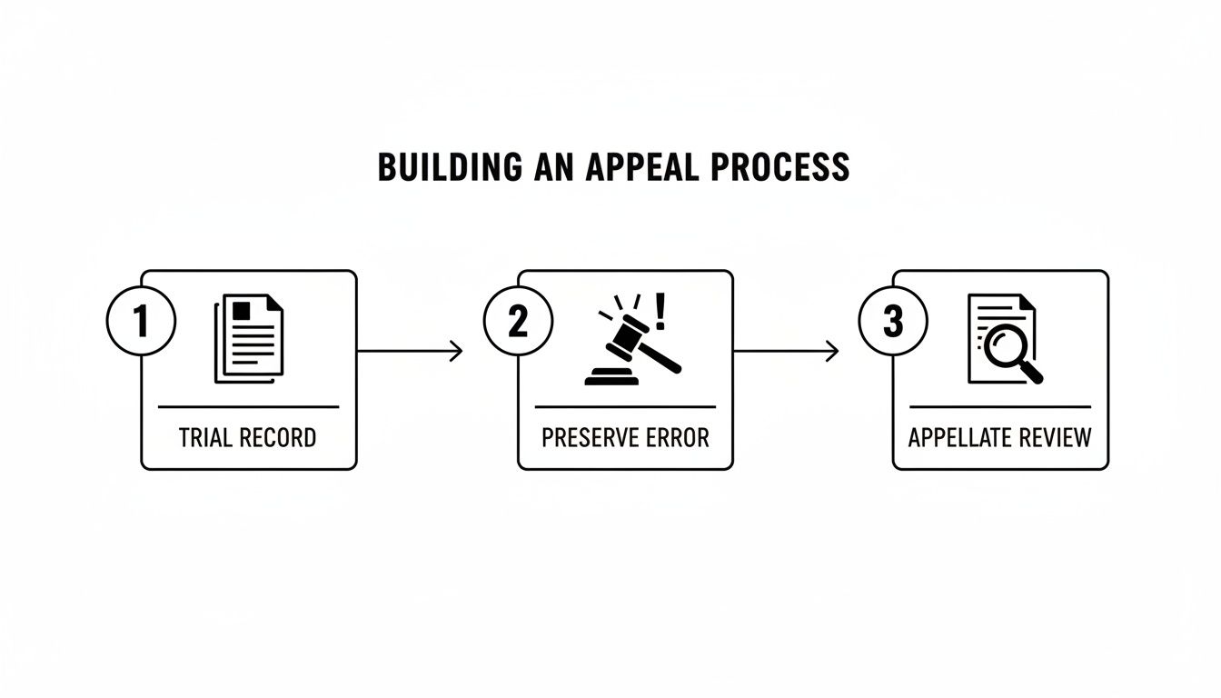 A flowchart illustrates the three steps to building an appeal process: trial record, preserve error, and appellate review.