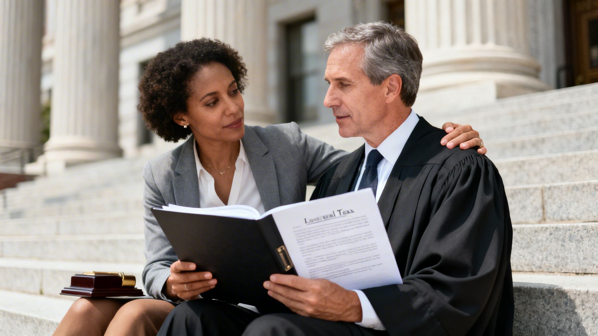 A woman in a blazer consults with a judge in a robe, both looking at legal documents on courthouse steps.