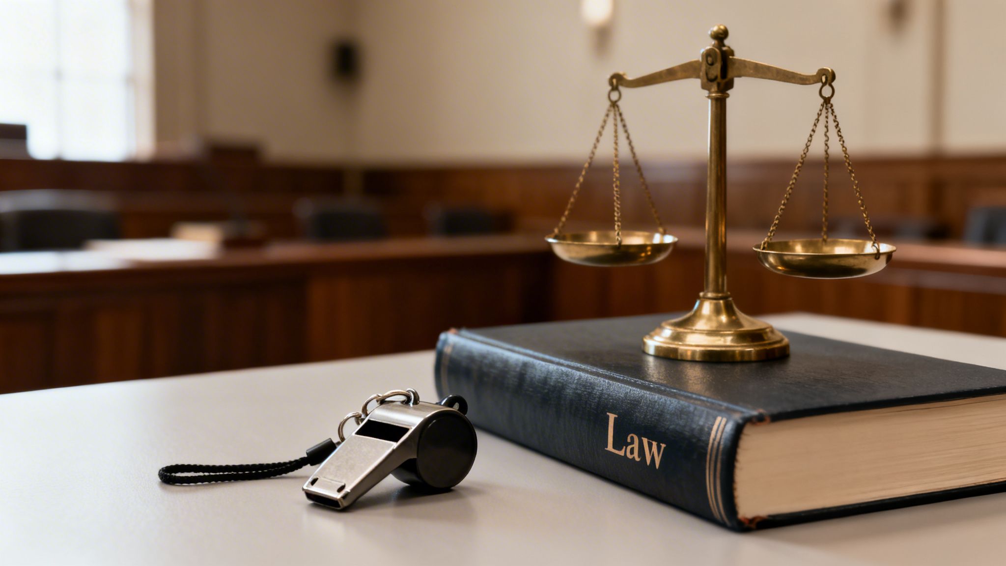 A whistle, a law book, and scales of justice on a table in a courtroom setting.