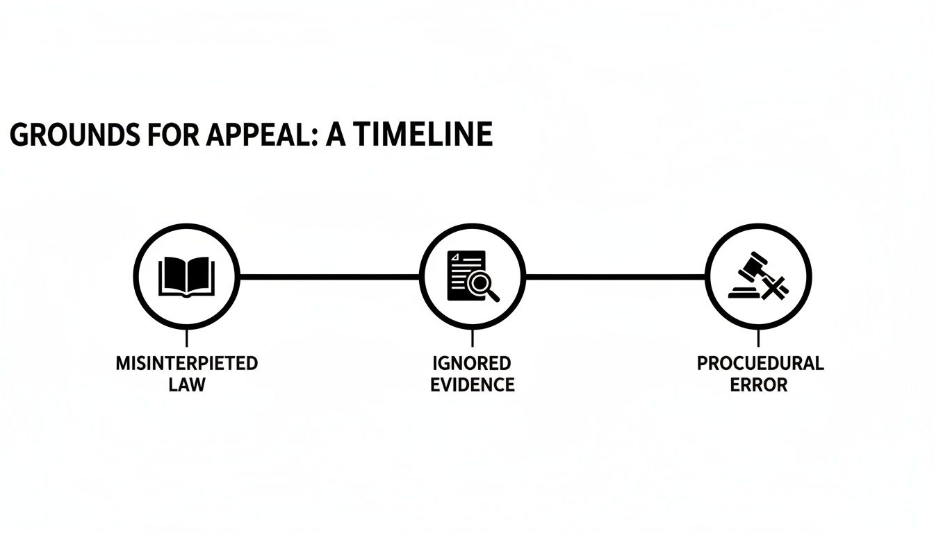 A timeline illustrating three grounds for legal appeal: misinterpreted law, ignored evidence, and procedural error.