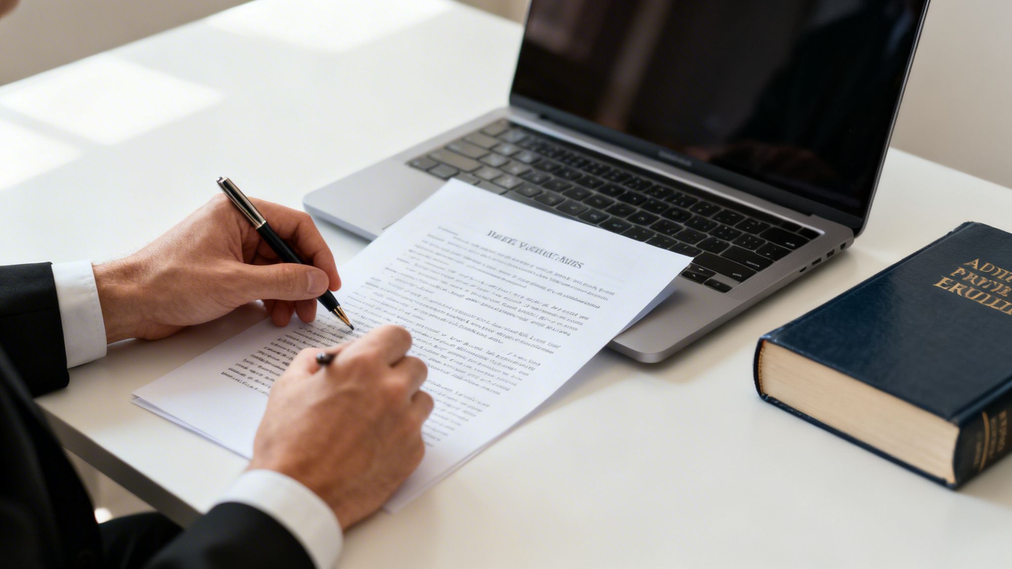 A person's hands signing a document on a white desk with a laptop and a legal book.