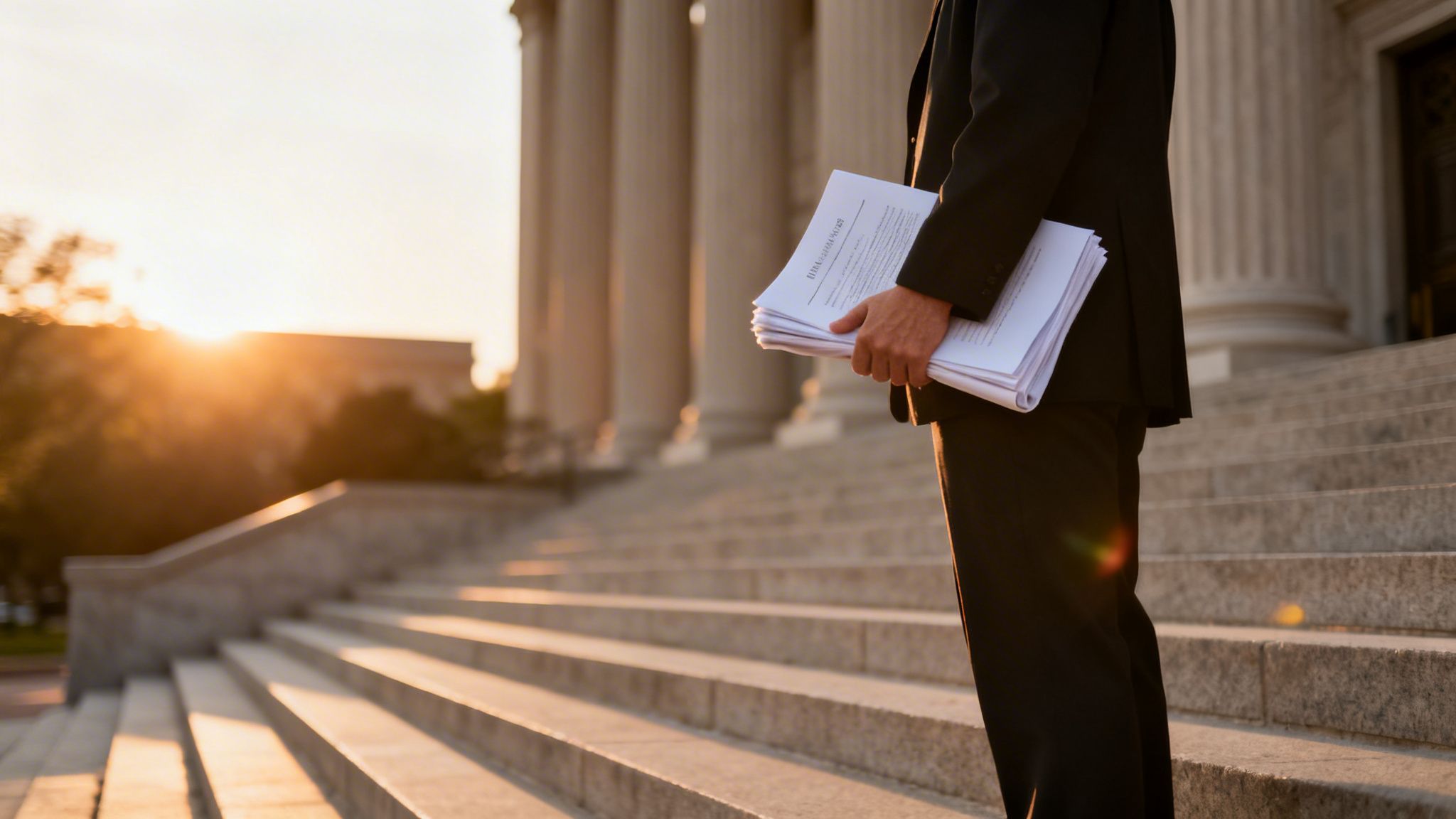 A person in a suit stands on courthouse steps, holding legal documents, bathed in the golden light of sunset.
