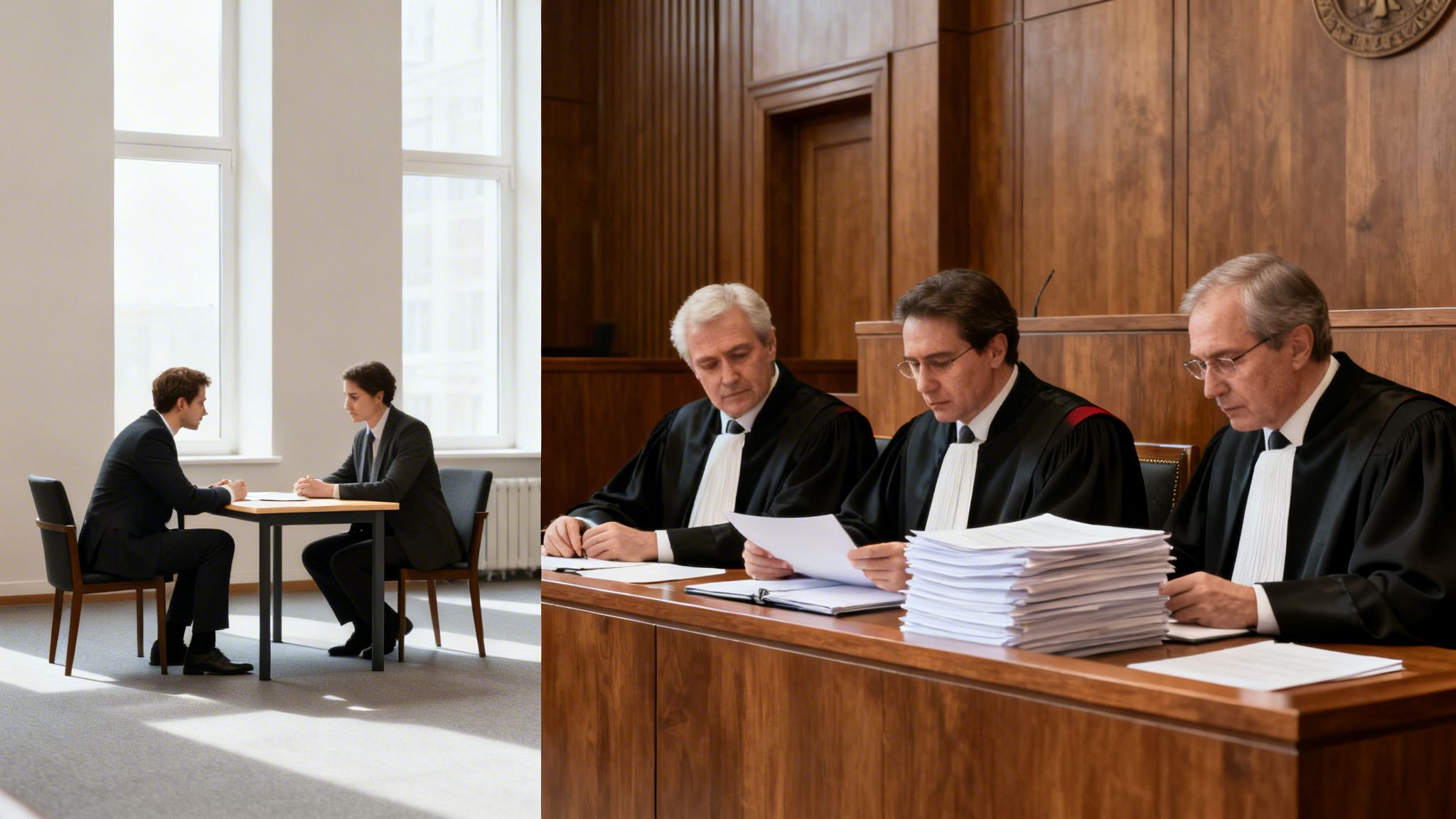 A split image showing a legal consultation and three judges reviewing case files in a courtroom.