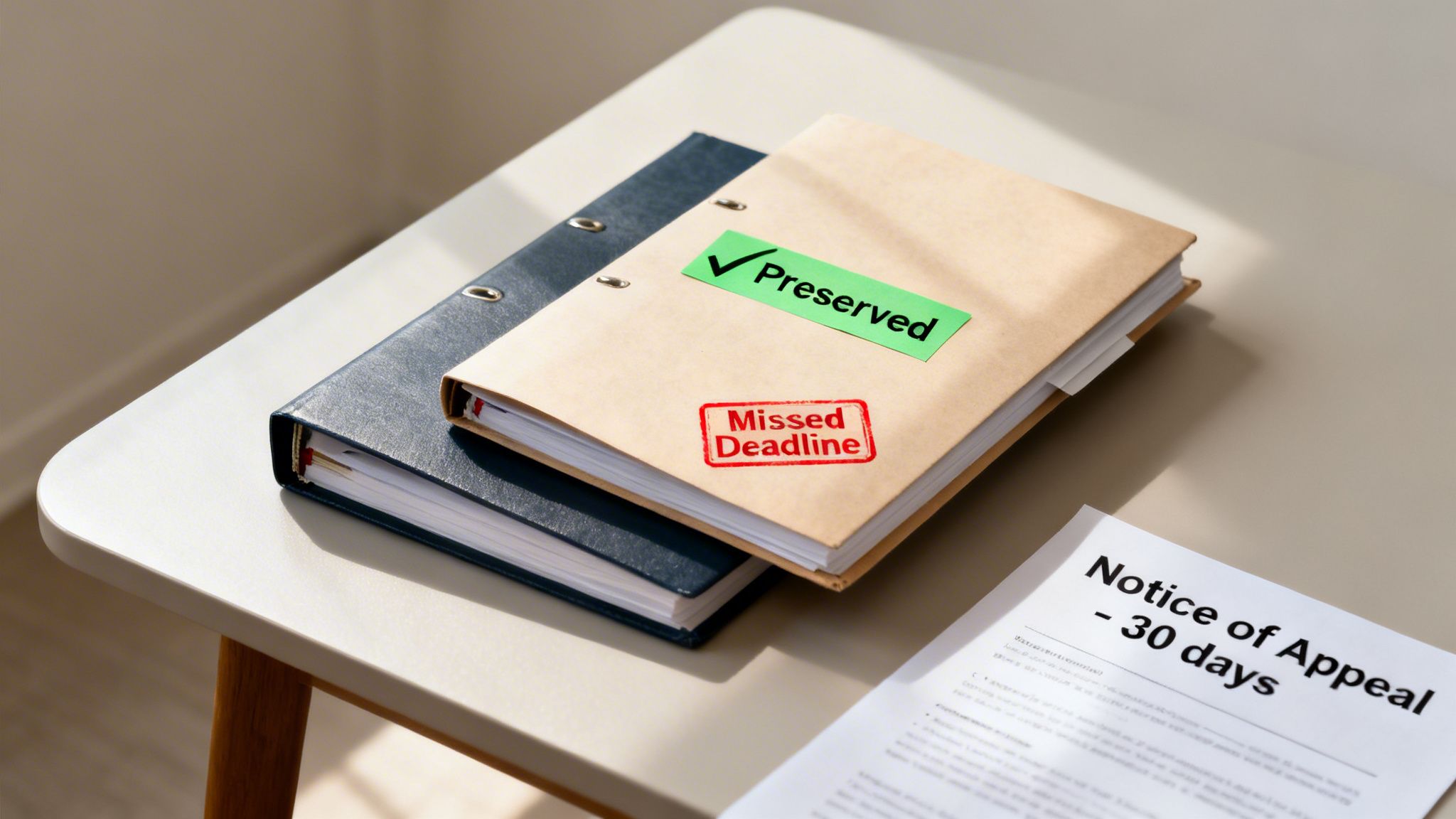 A table with legal documents, including a "Notice of Appeal" and binders with "Preserved" and "Missed Deadline" stamps.