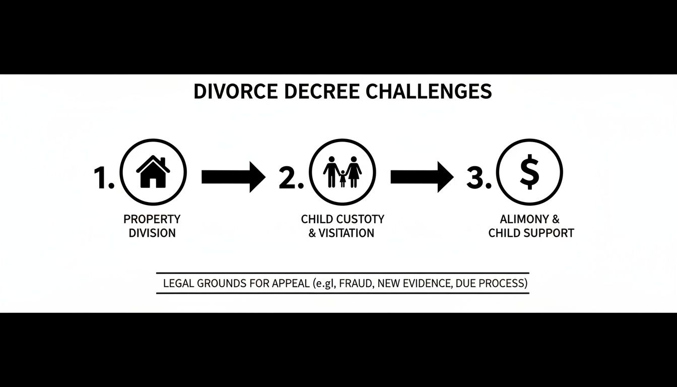 Diagram outlining three divorce decree challenge areas: property, child custody, and financial support, with legal appeal grounds.