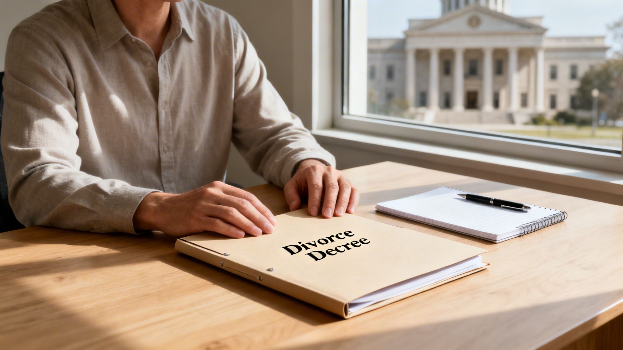 Person sitting at a desk with a 'Divorce Decree' folder and a courthouse outside.