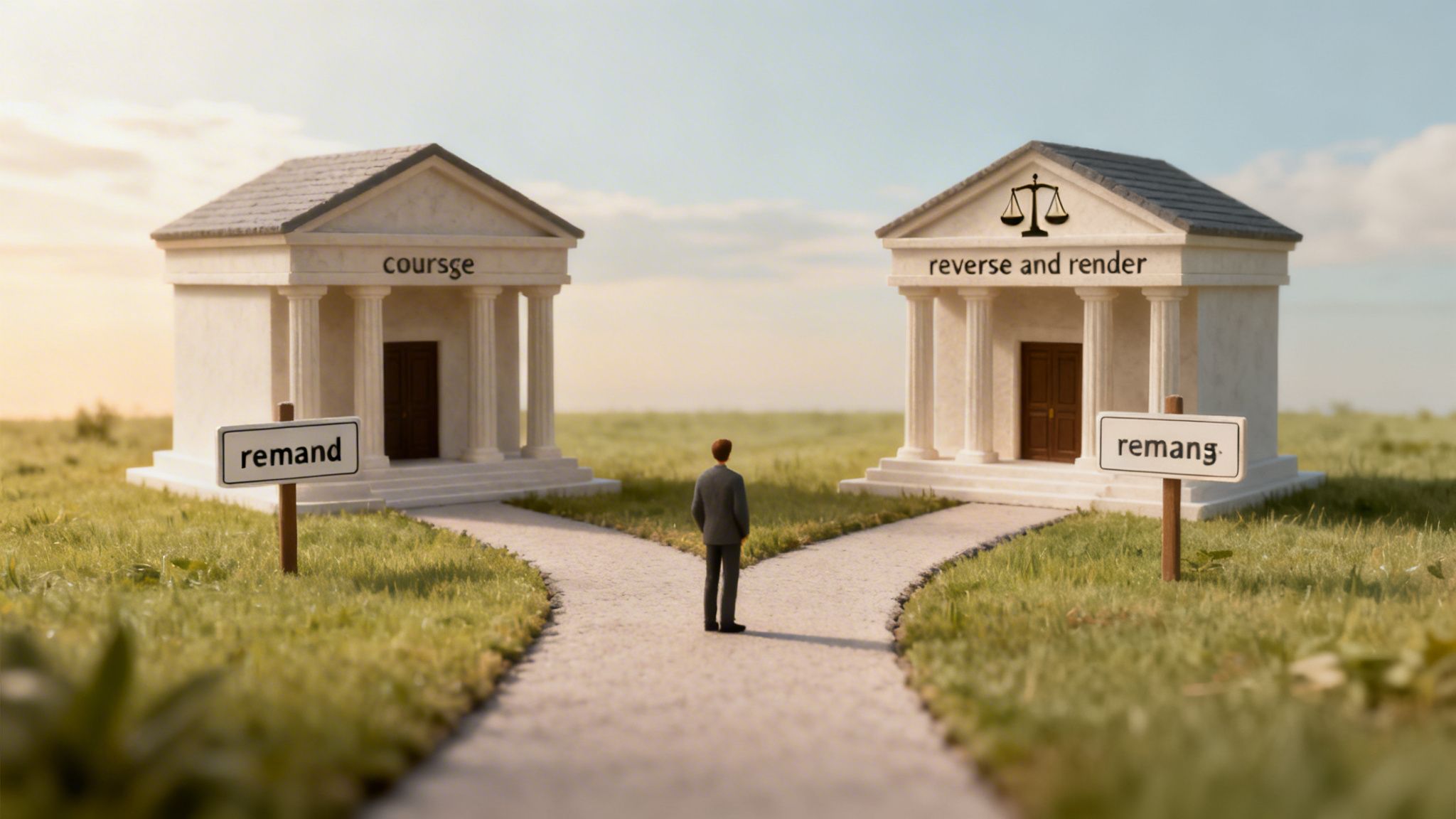 Man choosing between two court decisions: remand or reverse and render, represented by buildings.