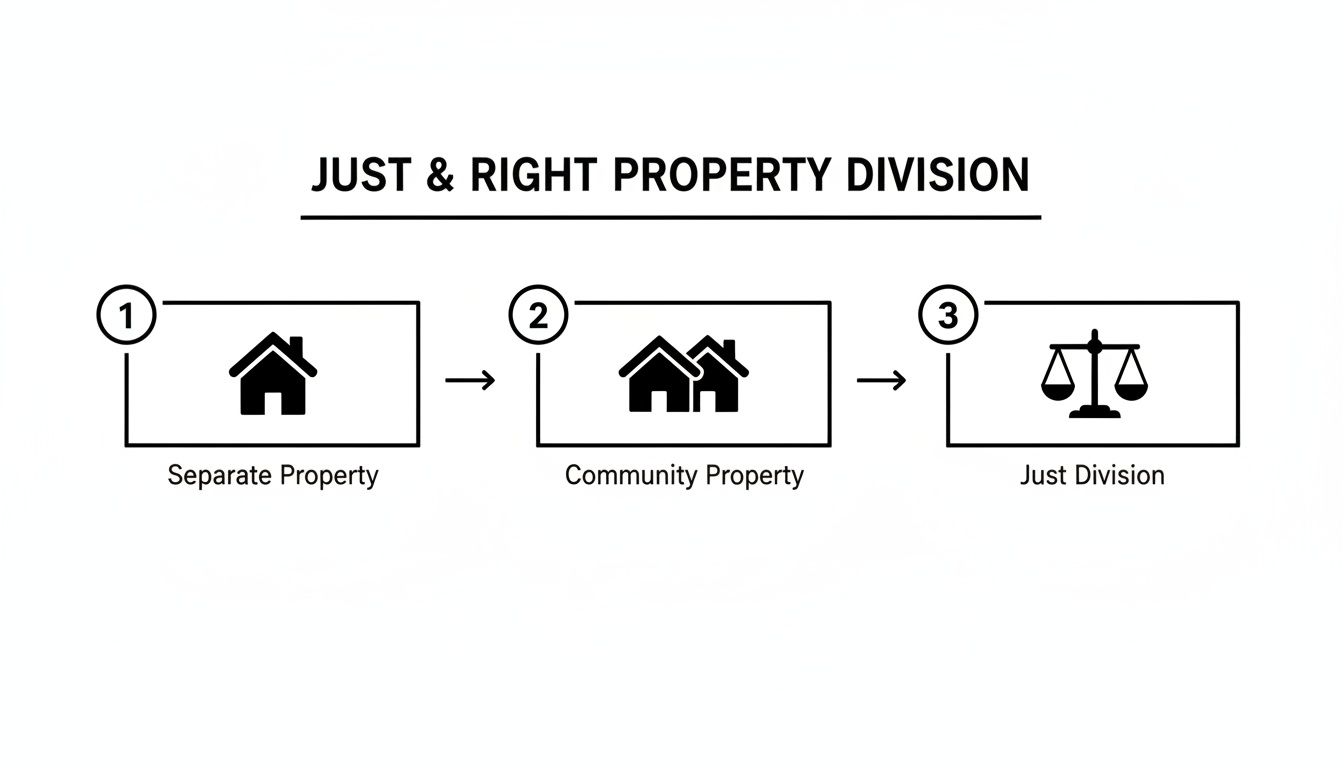 Diagram illustrating the just and right property division process in three steps: separate, community, and just division.