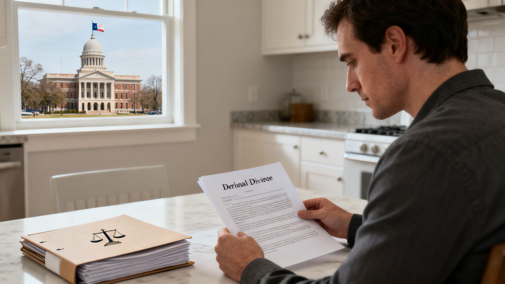 Man reviews divorce documents at his kitchen table, with a courthouse visible outside.