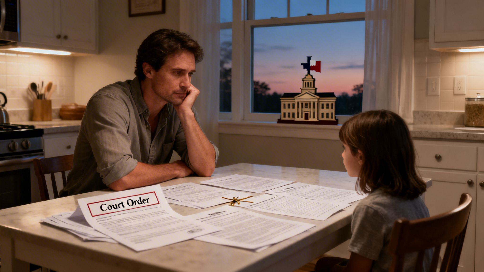 A man and child at a kitchen table with court order documents, a Texas courthouse model in the window.