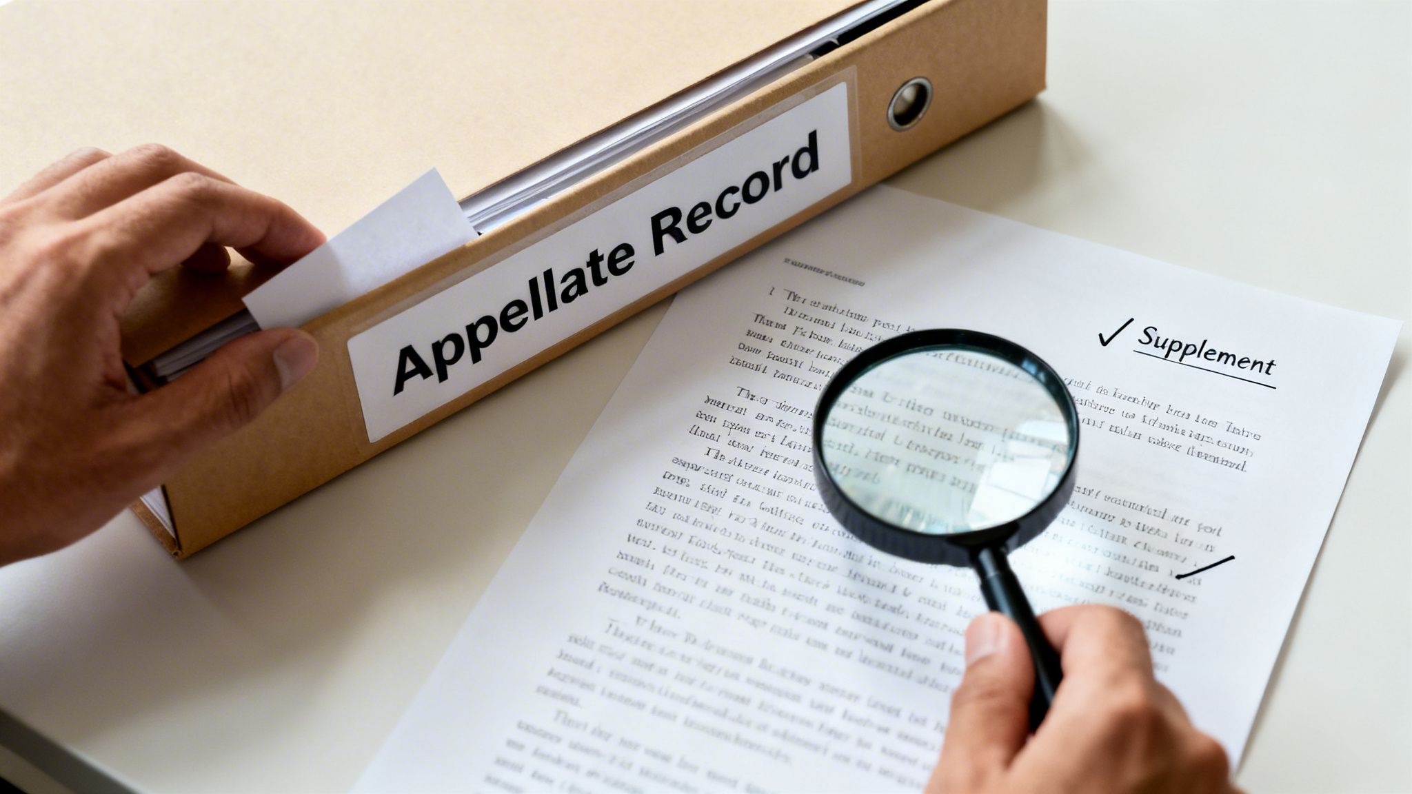 Person placing a document into an 'Appellate Record' binder and reviewing a 'Supplement' with a magnifying glass.