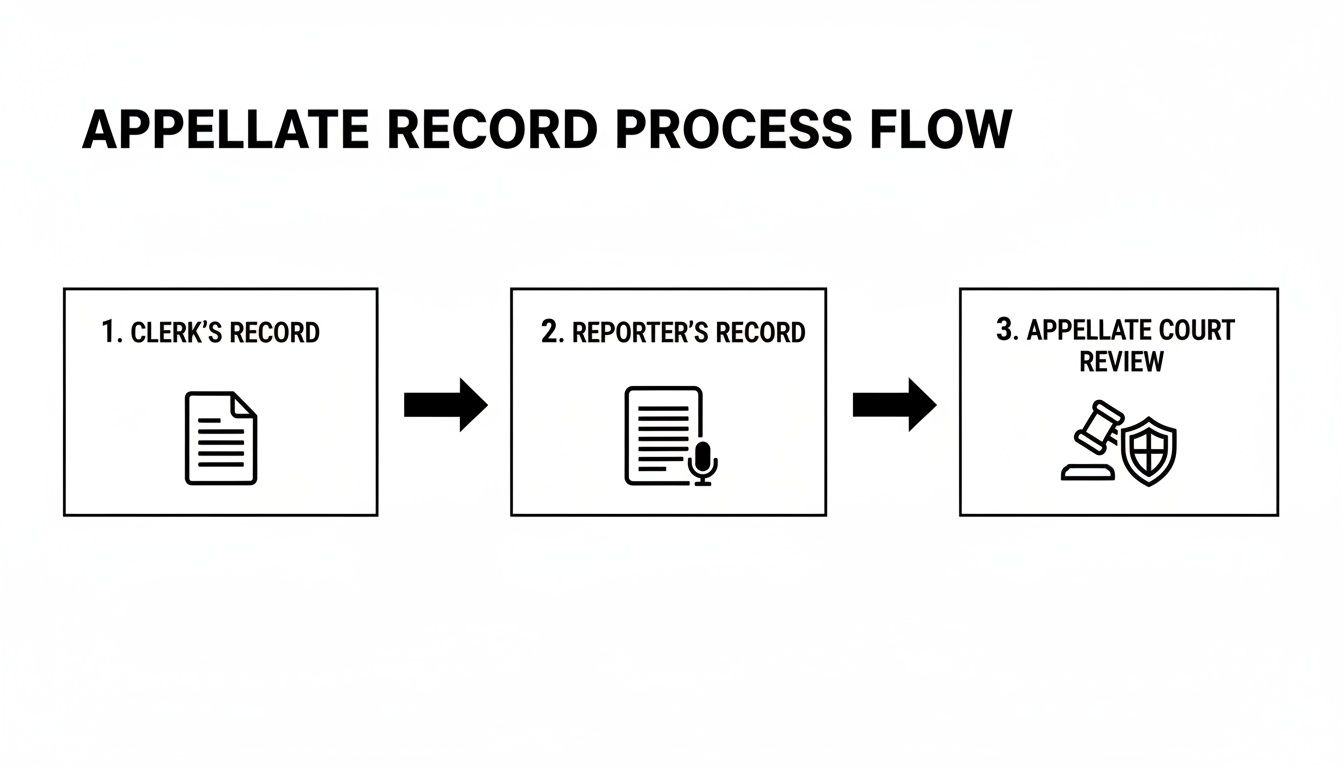 Flowchart illustrating the appellate record process, including clerk's record, reporter's record, and appellate court review.