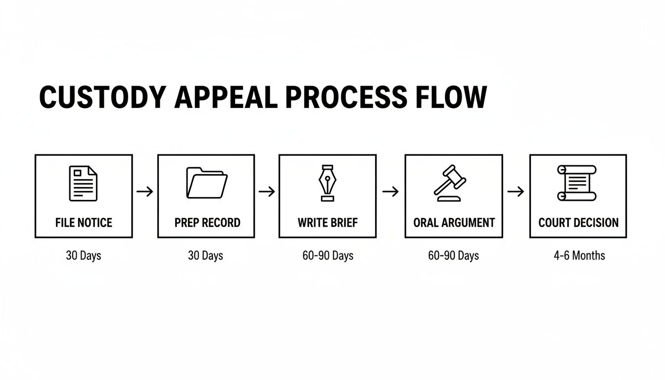 Flowchart outlining the five steps of a custody appeal process with timelines for each stage.
