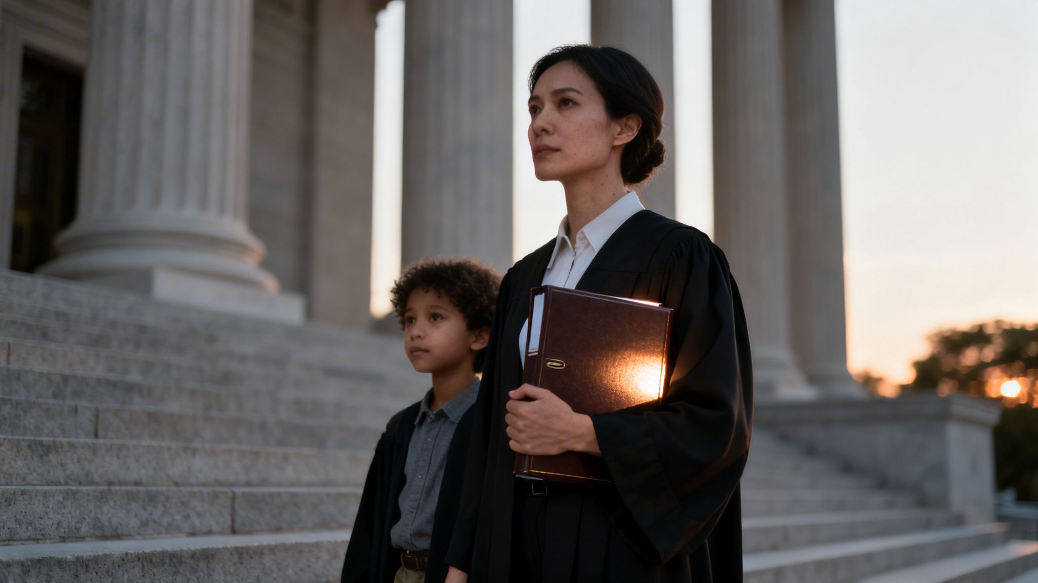 A female judge and a young boy in robes stand on courthouse steps at sunset.