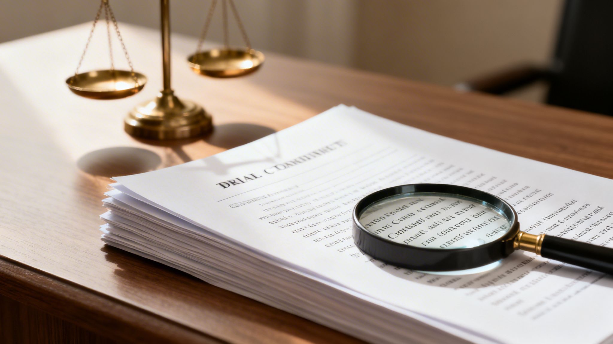 A magnifying glass rests on legal documents, with scales of justice in the background on a wooden desk.