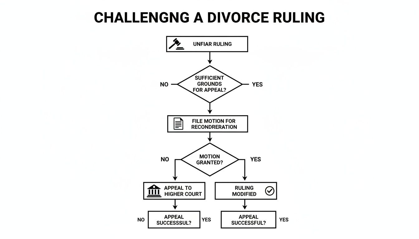 Flowchart outlining the steps for challenging an unfair divorce ruling, from initial motion to higher court appeal.