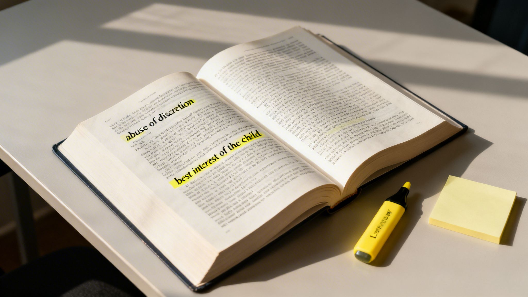 Open legal book on a desk with 'abuse of discretion' and 'best interest of the child' highlighted.