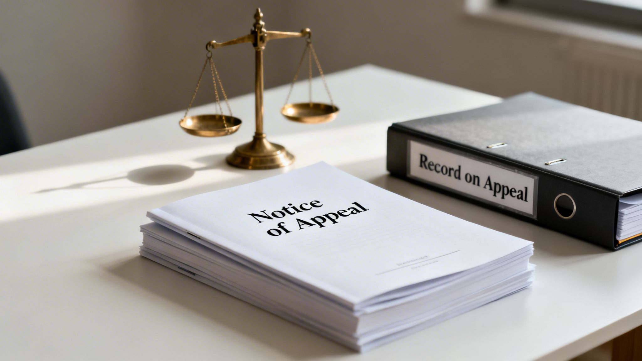 A desk with legal documents: 'Notice of Appeal' papers, a 'Record on Appeal' binder, and scales of justice.