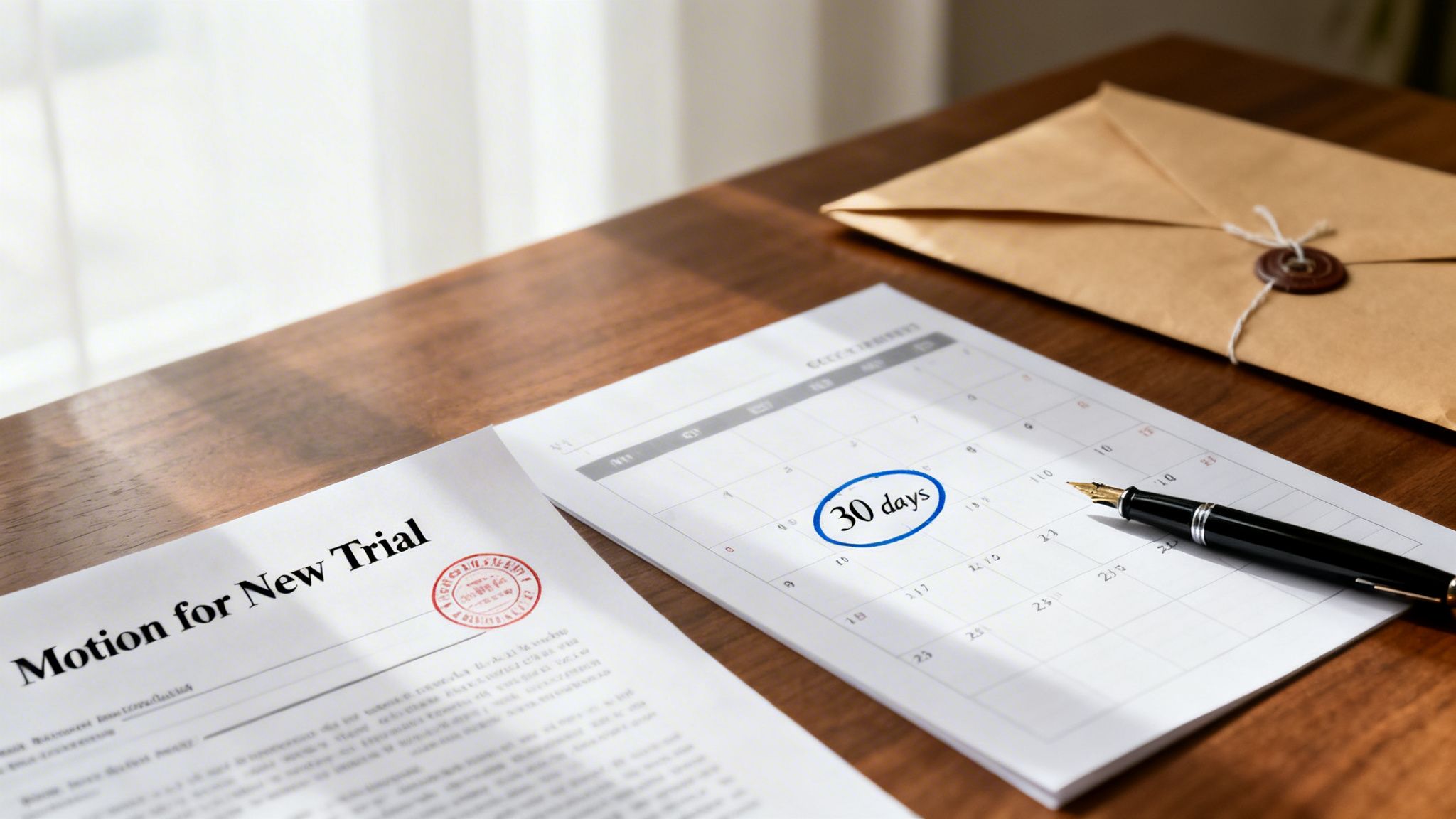 A legal document for 'Motion for New Trial', a calendar with '30 days' circled, and a pen.