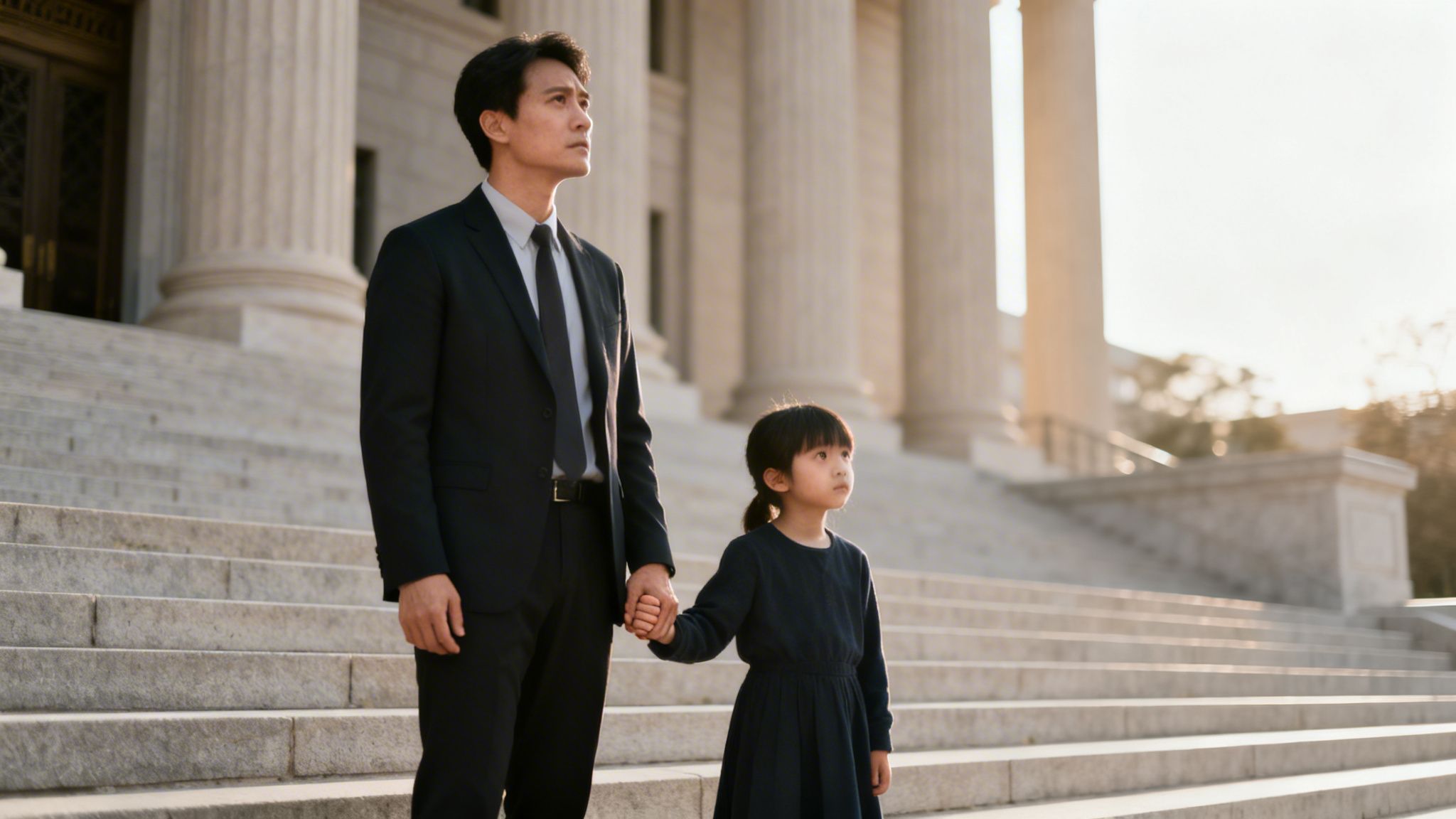 Father and daughter, dressed formally, stand in hand-in-hand on courthouse steps.