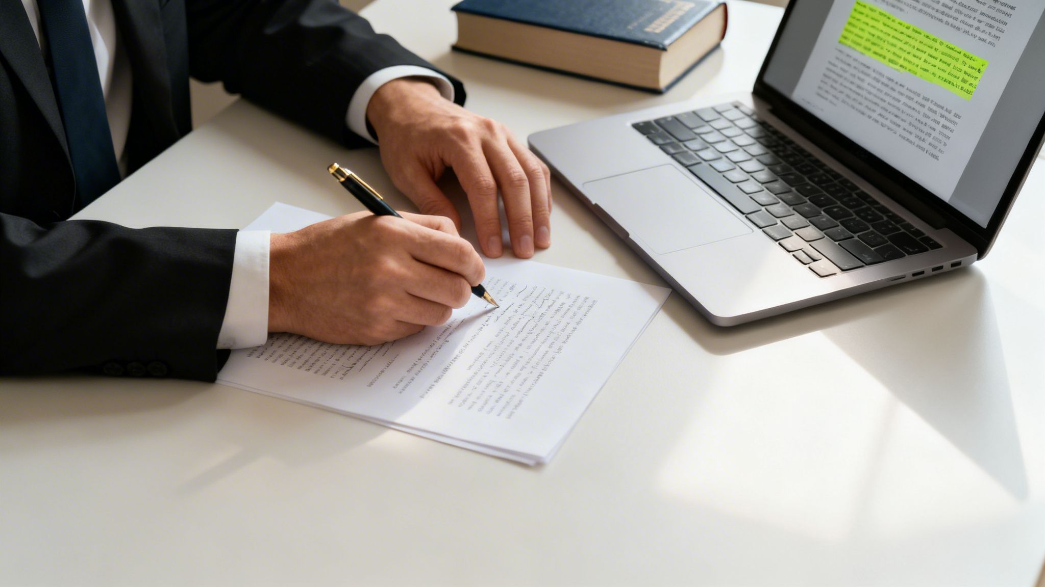 A person in a suit meticulously signs a legal document on a white desk, with a laptop and a book nearby.