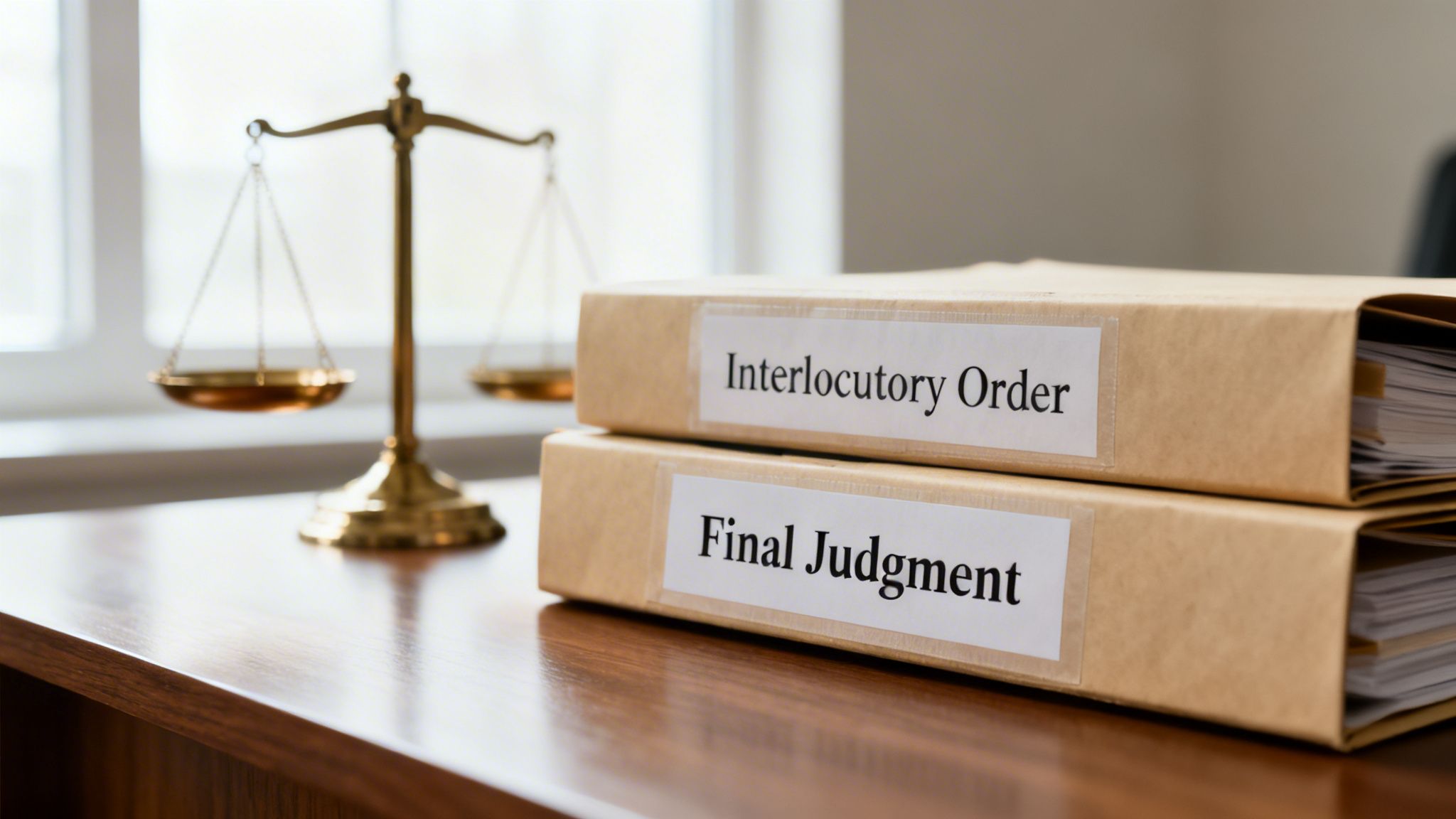 Two legal binders, 'Interlocutory Order' and 'Final Judgment,' on a desk with scales of justice.