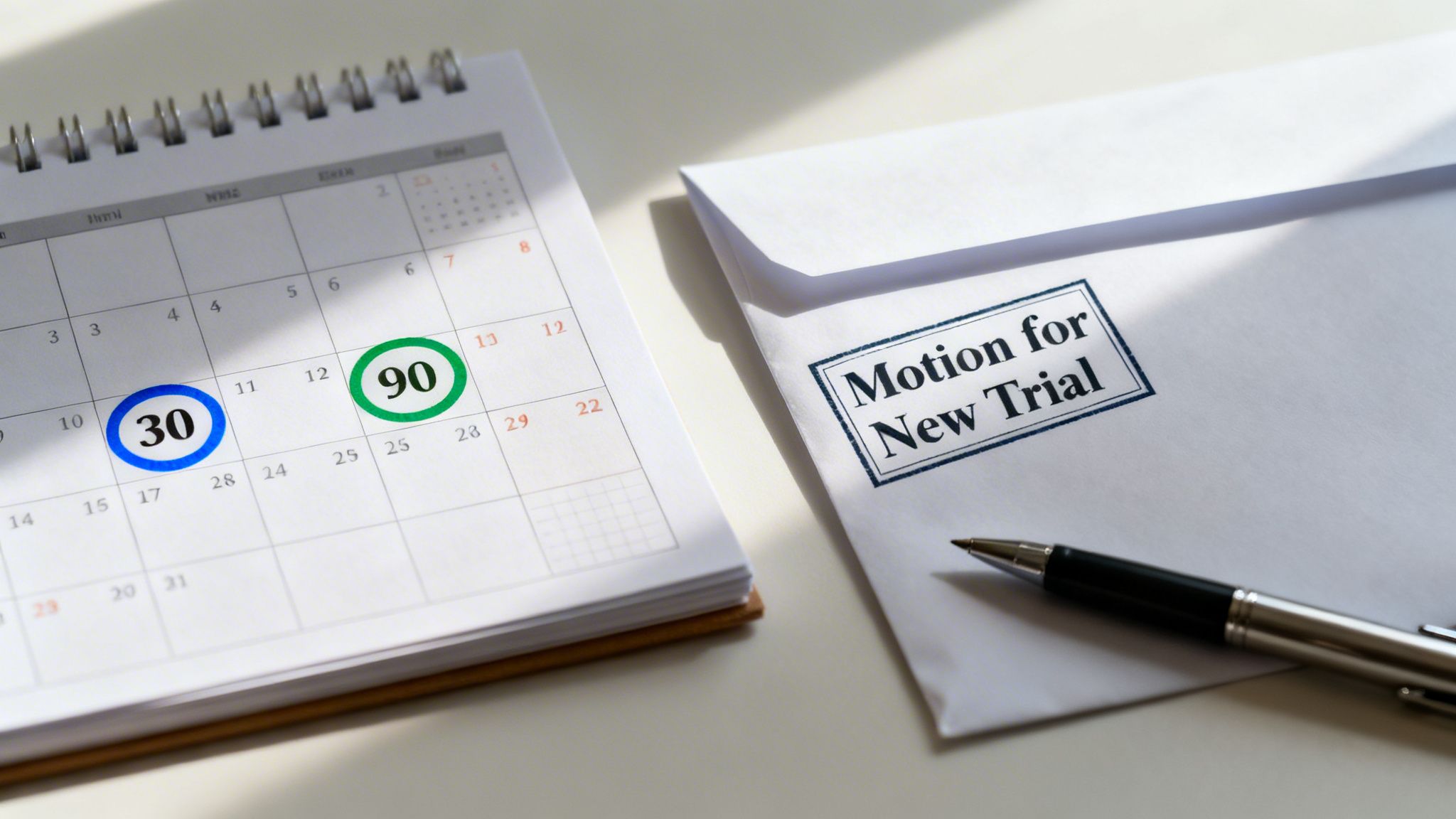 Calendar showing 30 and 90 day deadlines next to an envelope stamped 'Motion for New Trial' with a pen.