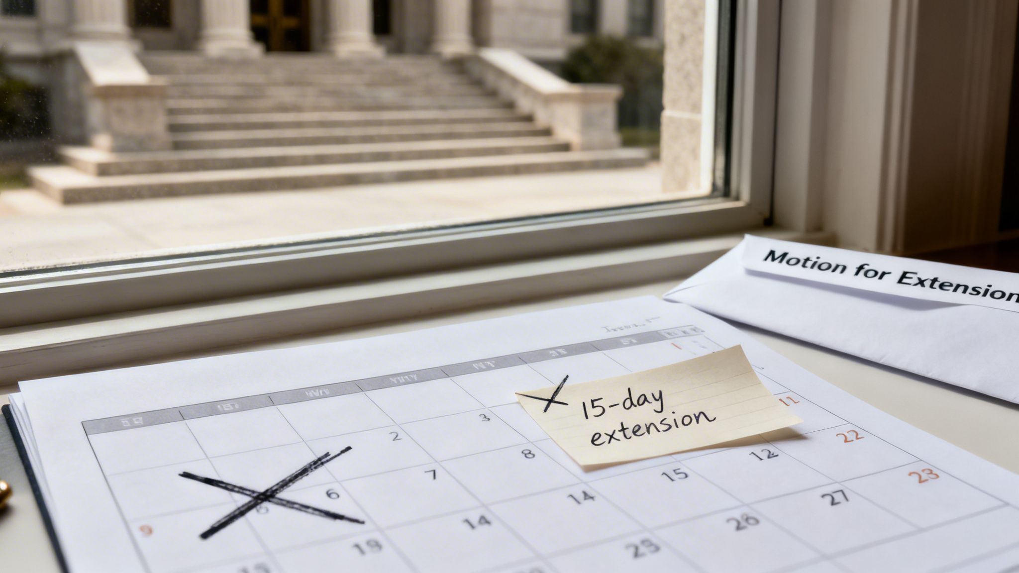 A calendar showing a deadline with a '15-day extension' note and a 'Motion for Extension' envelope.