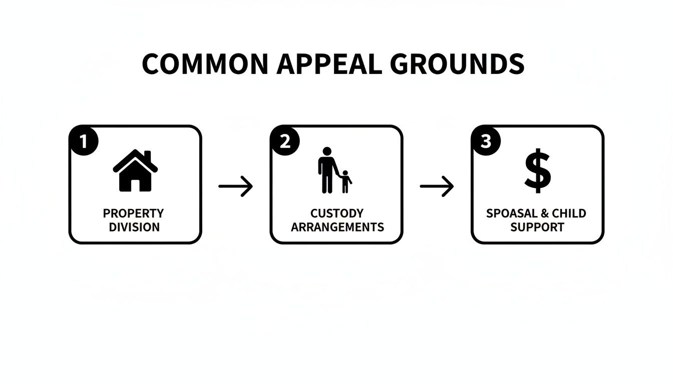 A diagram outlining common appeal grounds in legal cases: property division, custody arrangements, and spousal/child support.