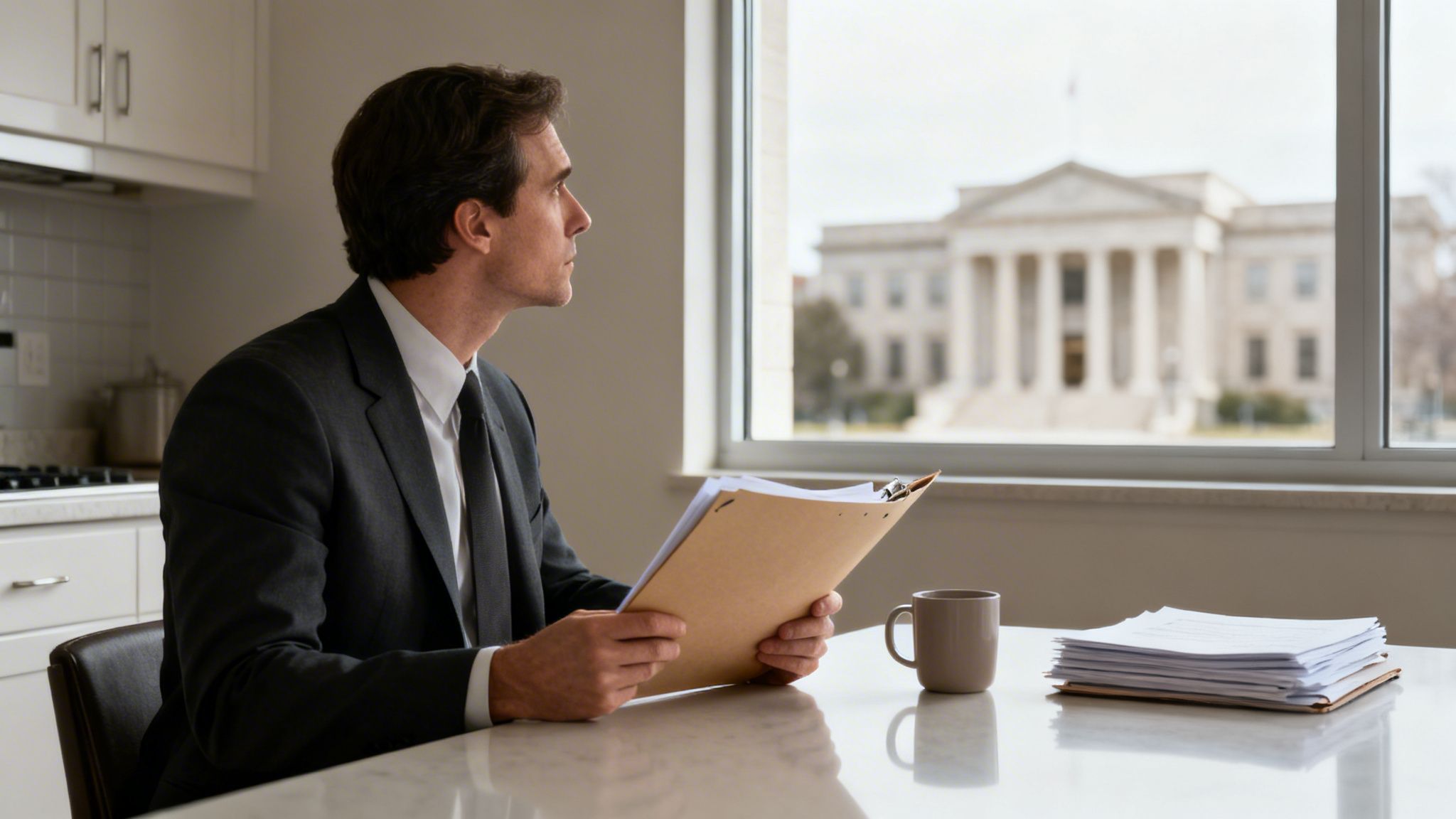 A man in a suit holding a clipboard, looking out a window at a courthouse building.