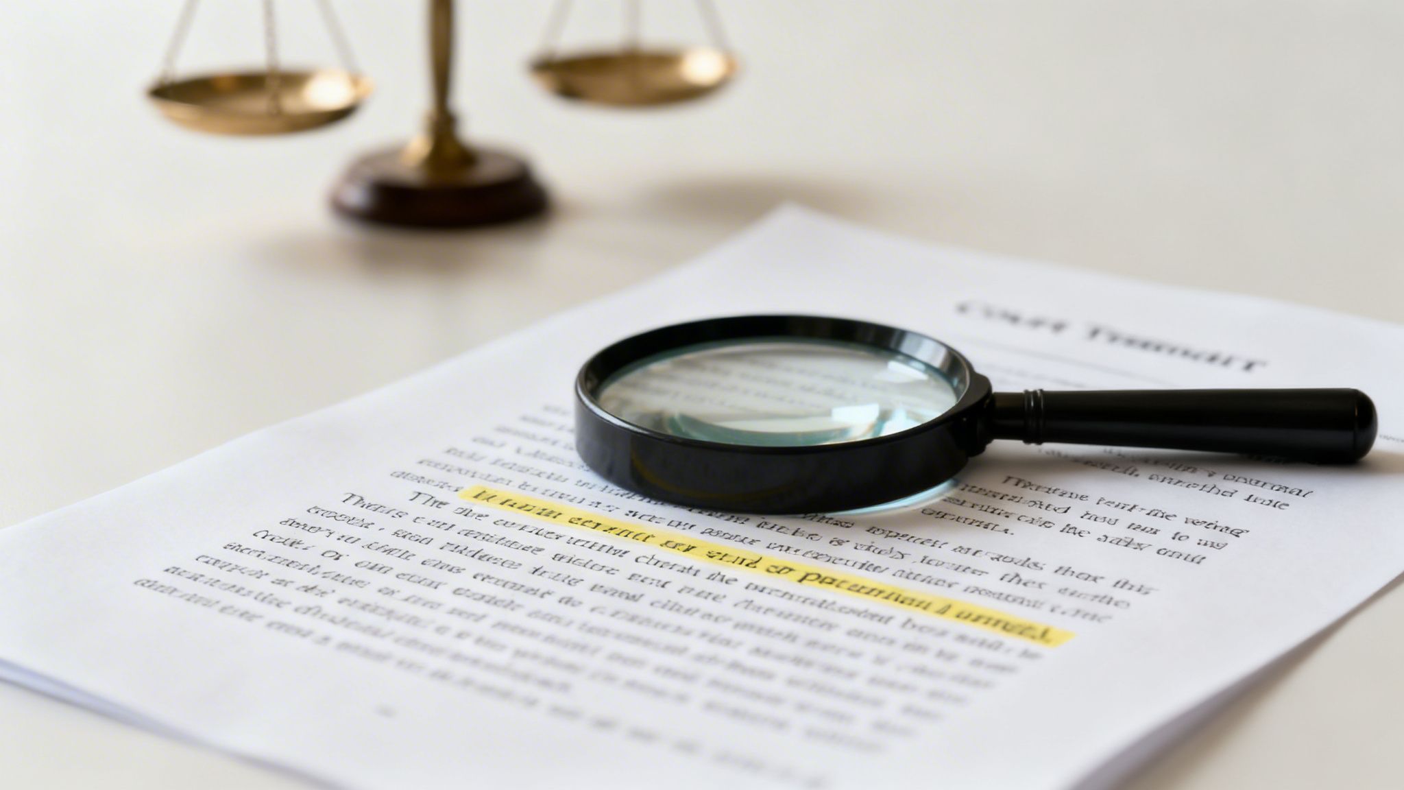 Magnifying glass on a legal document with highlighted text, scales of justice in the background.