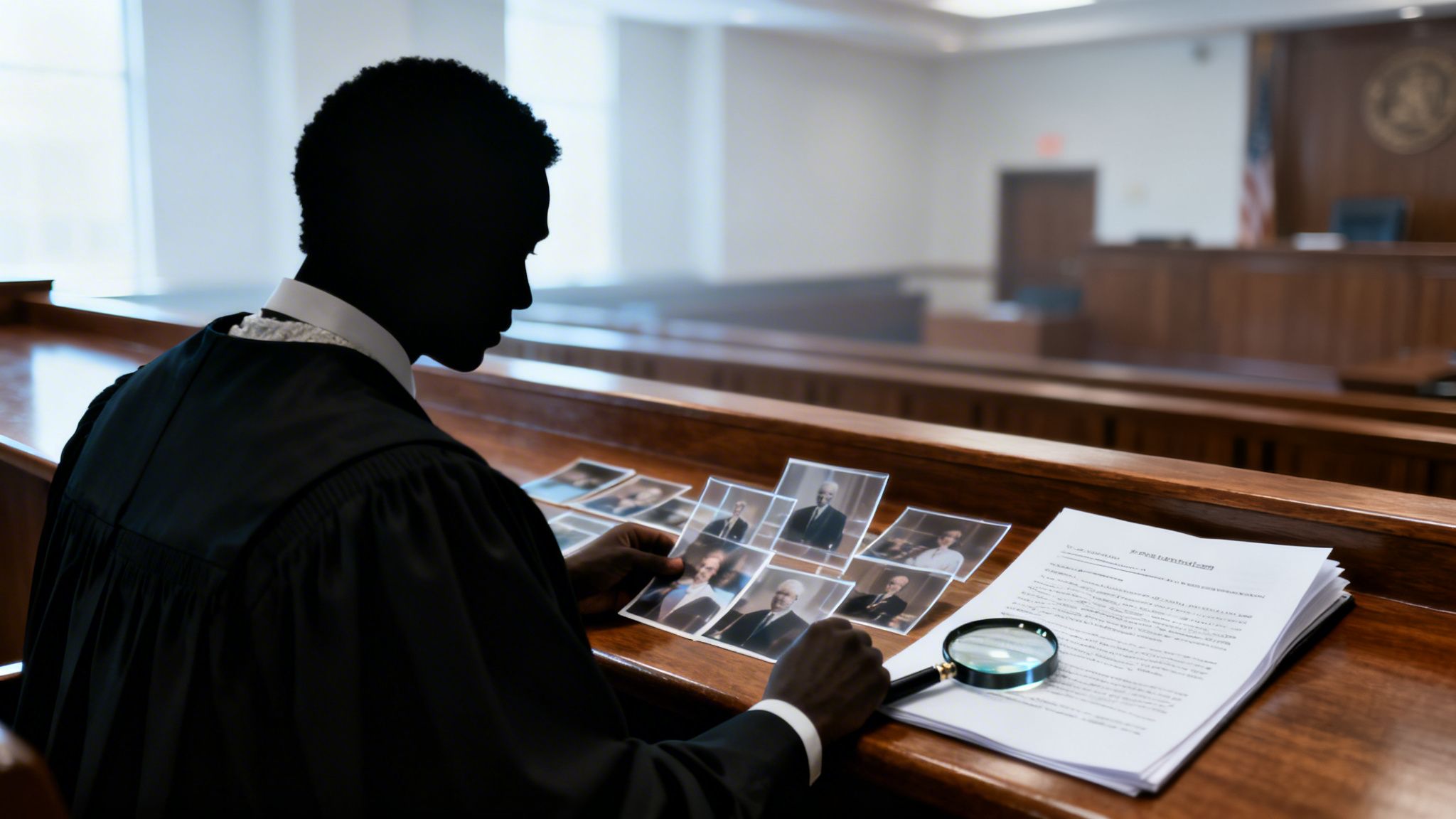 Dark silhouette of a lawyer reviewing evidence, including photos and documents, in a courtroom.
