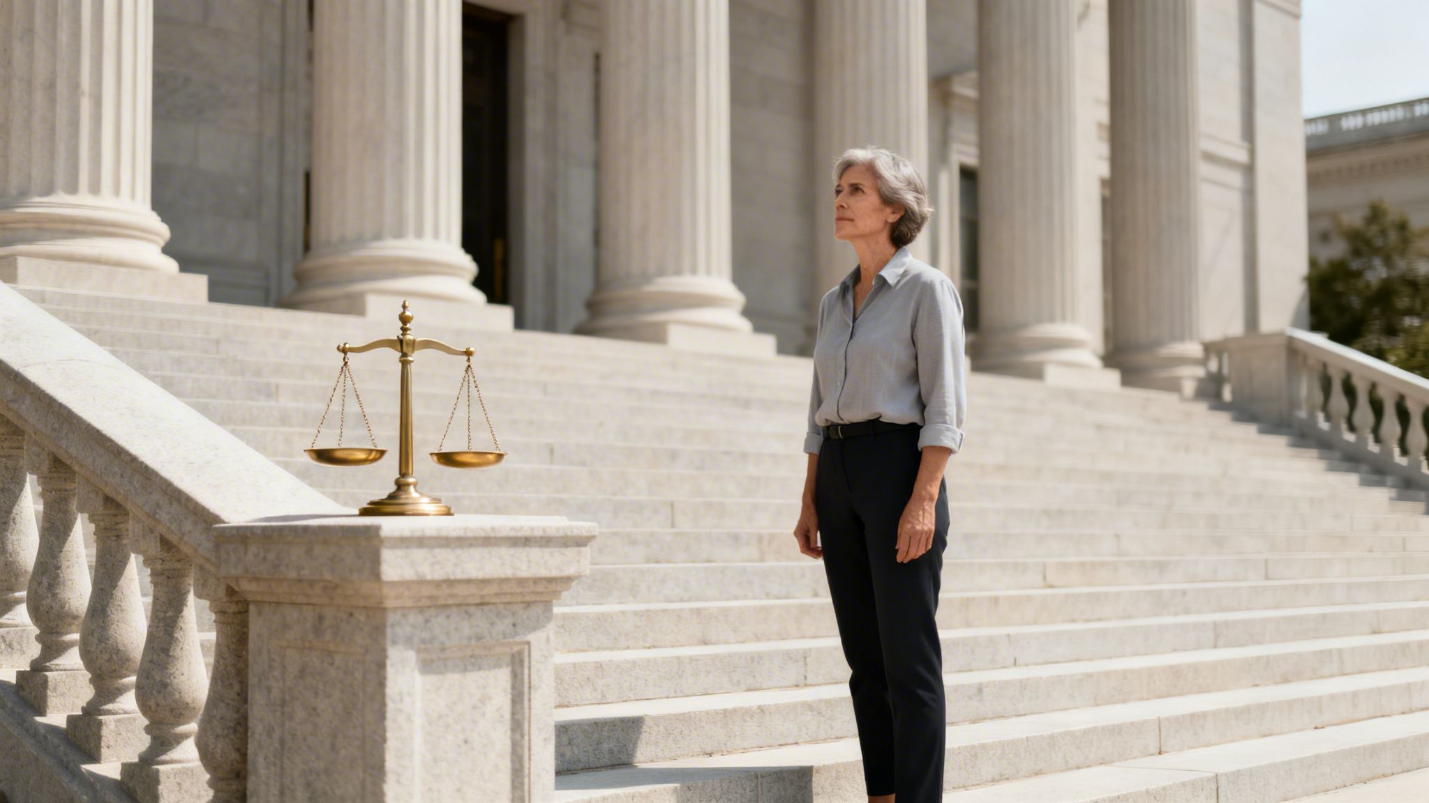 A mature woman stands on courthouse steps next to the scales of justice, looking determined.