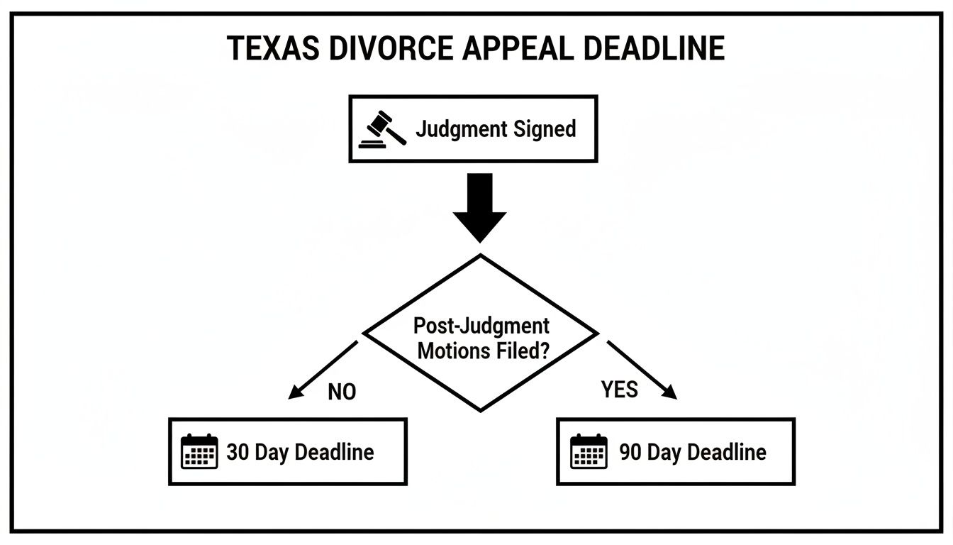 A flowchart detailing Texas divorce appeal deadlines based on whether post-judgment motions are filed.