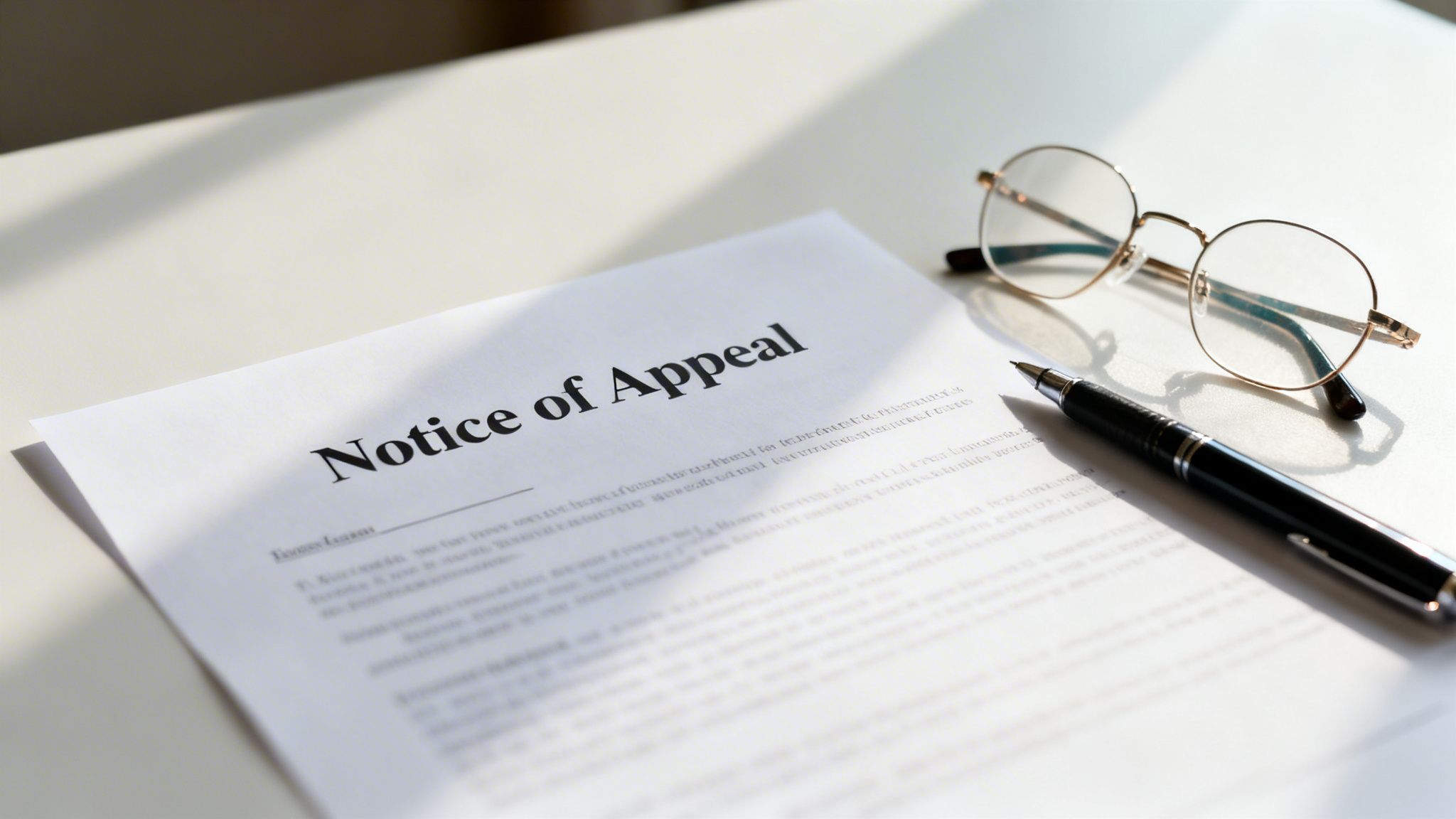 A 'Notice of Appeal' document lies on a white desk with glasses and a pen.