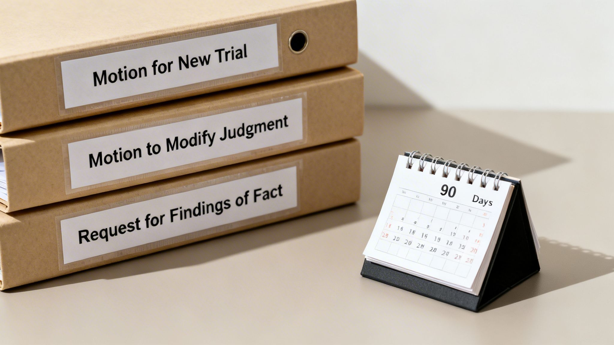 A stack of legal binders labeled for motions and a calendar displaying a 90-day deadline.