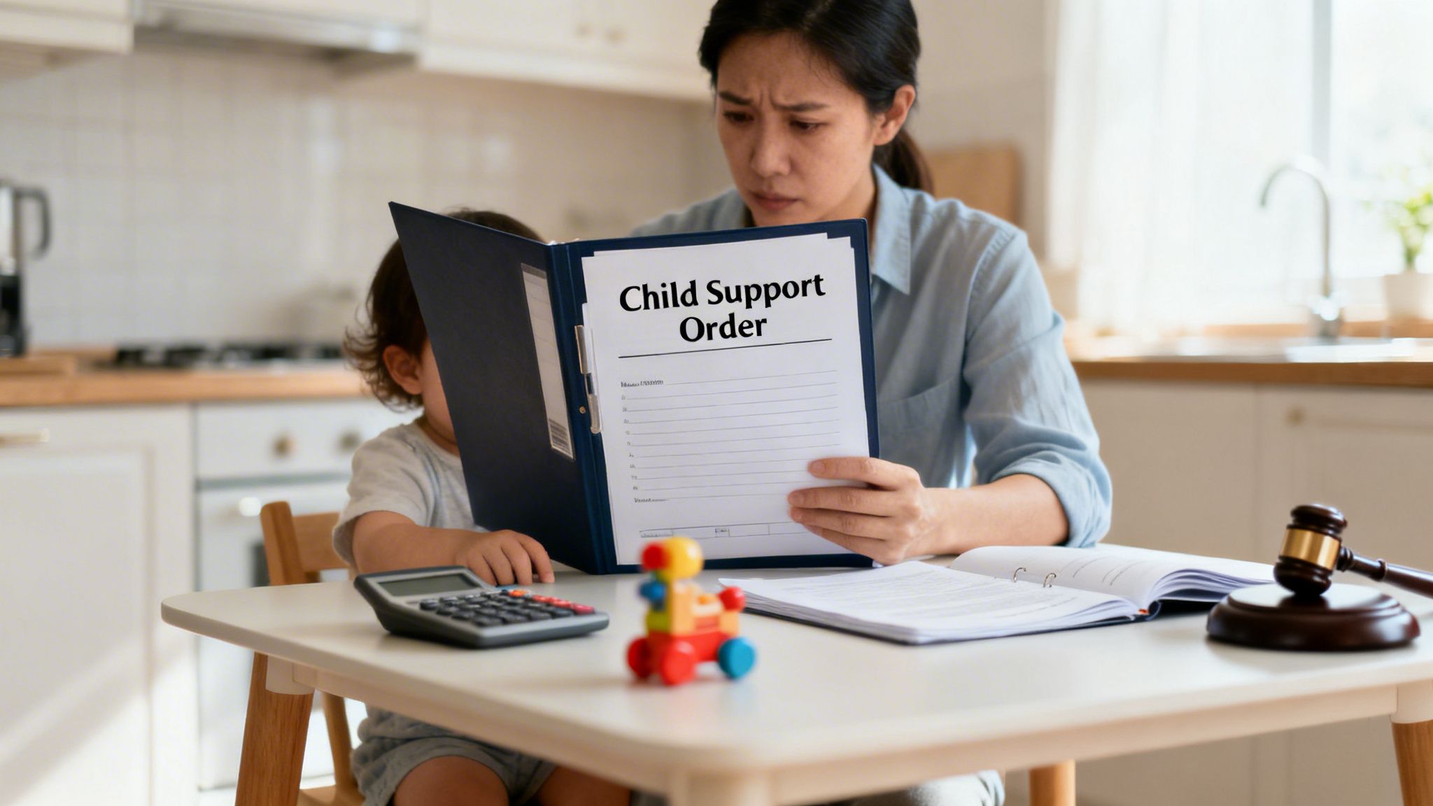A legal gavel and a child support order document on a wooden desk.