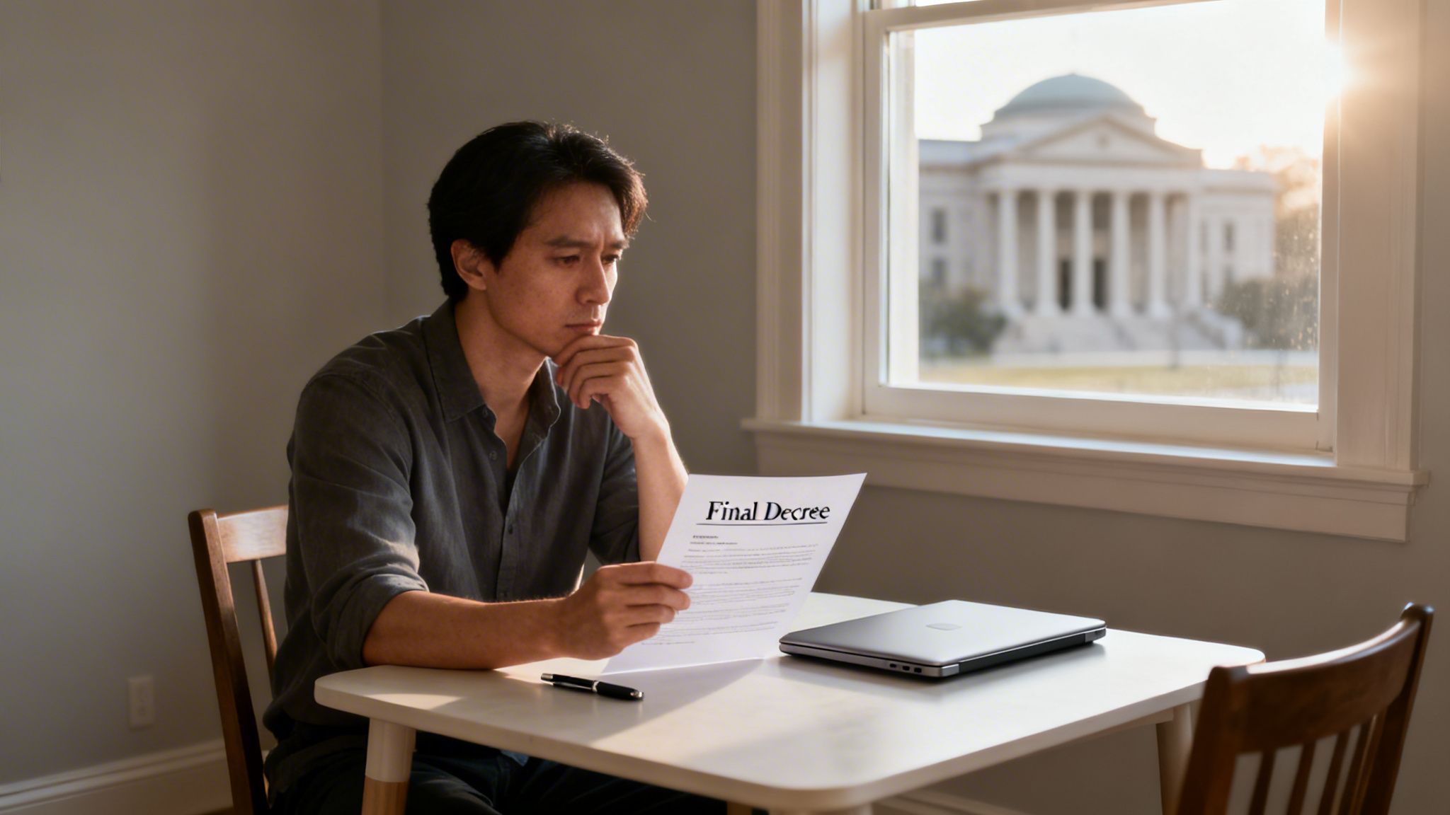 A man sits at a table, thoughtfully reading a 'Final Decree' document, with a courthouse visible outside.