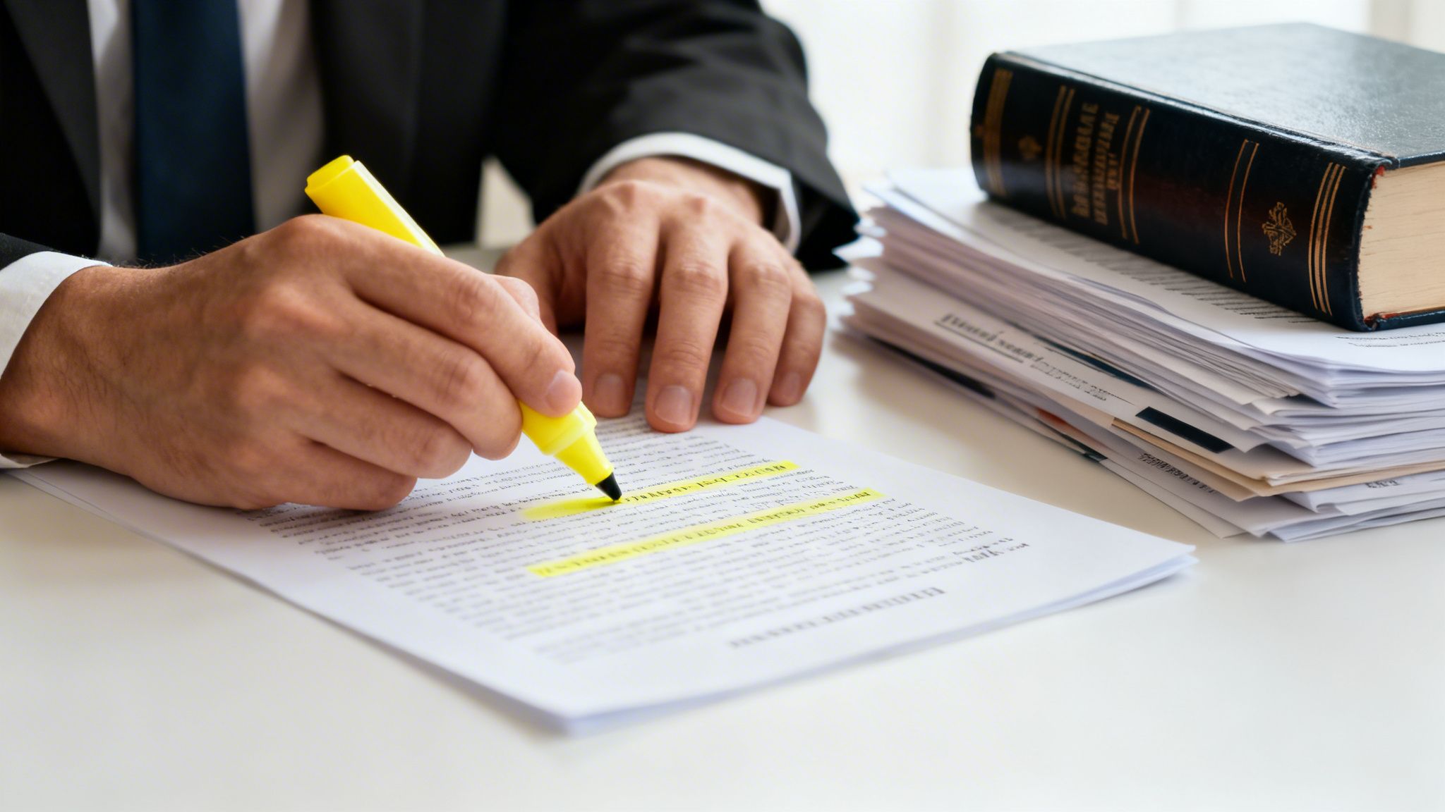 A person in a suit highlights text on a document with a yellow marker, with a stack of papers and a book nearby.