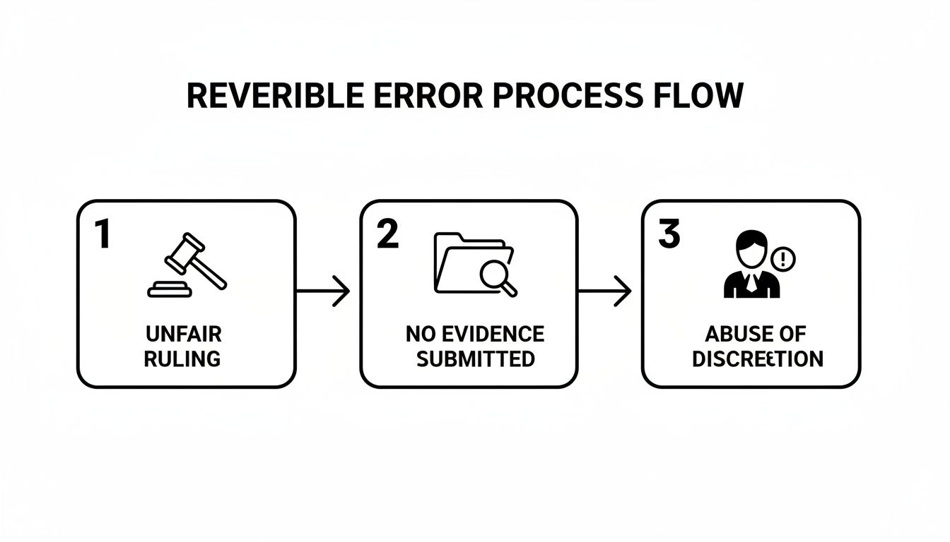 Flowchart illustrating the reversible error process: unfair ruling, no evidence submitted, and abuse of discretion.