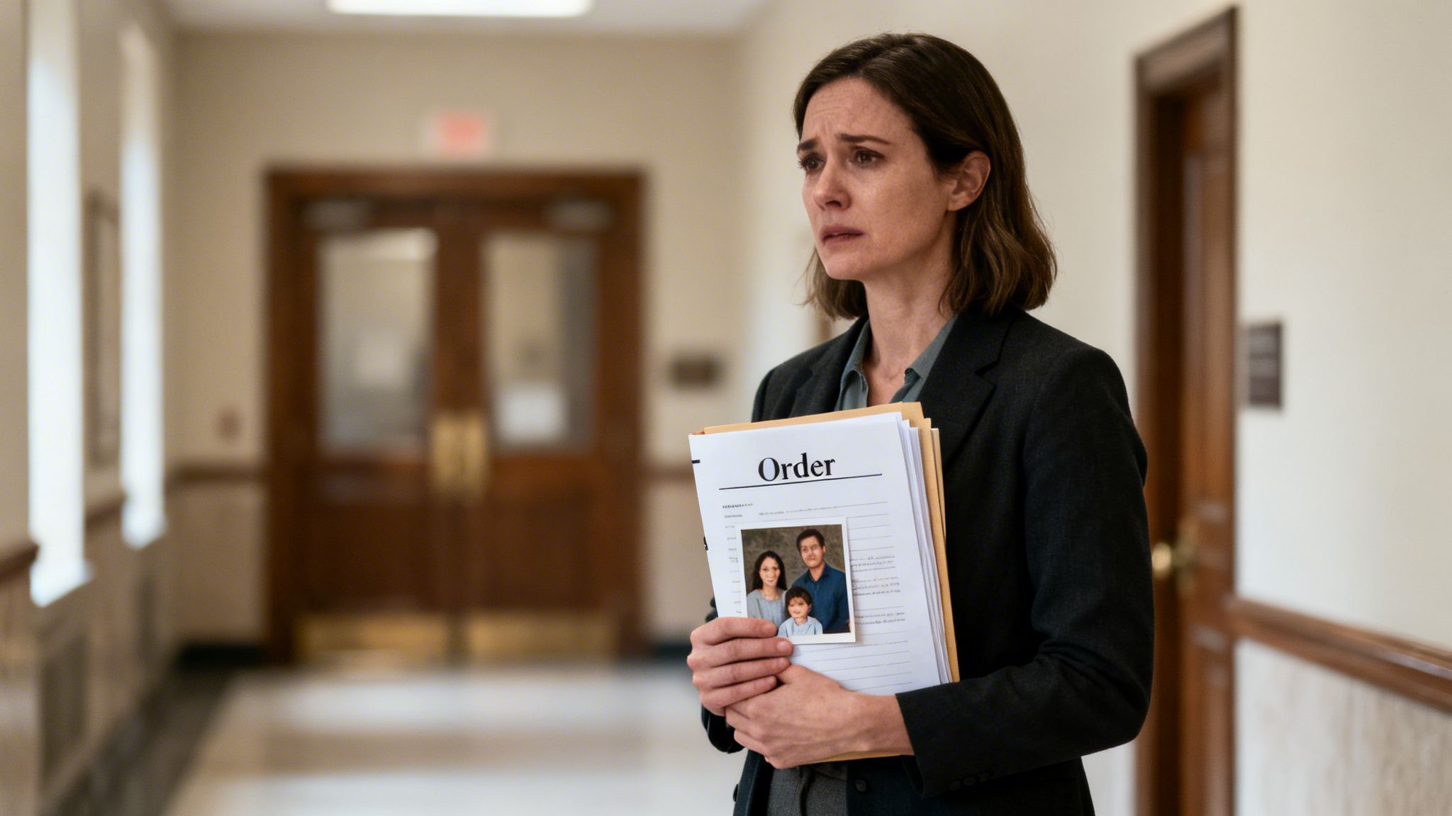 A distressed woman holds legal 'Order' documents with a family photo in a courthouse hallway.